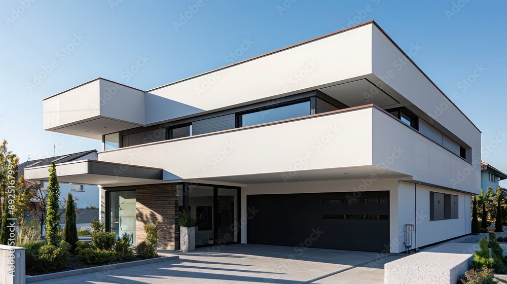 Modern suburban home with minimal design, featuring smooth surfaces and an integrated garage, surrounded by minimal landscaping Space for text Modern suburban home with minimal design, featuring smooth surfaces and an integrated garage, surrounded by minimal landscaping Space for text