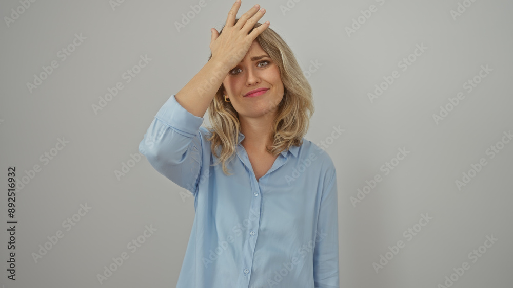 A perplexed young woman with blonde hair faces the camera, her hand on forehead against a white isolated backdrop. A perplexed young woman with blonde hair faces the camera, her hand on forehead against a white isolated backdrop.