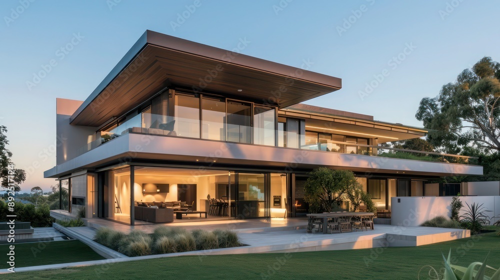 Modern suburban home with minimalist styling, featuring a flat roof and hidden outdoor entertainment areas Include space for text Modern suburban home with minimalist styling, featuring a flat roof and hidden outdoor entertainment areas Include space for text