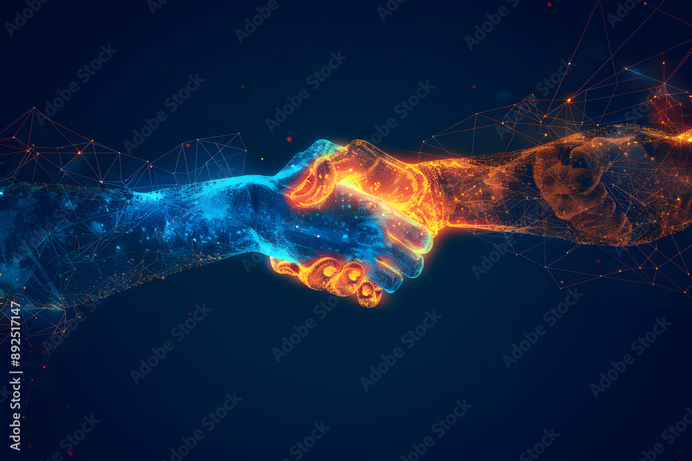 Digital Abstract Human Hands Fist Bumping on Dark Blue Background Digital Abstract Human Hands Fist Bumping on Dark Blue Background