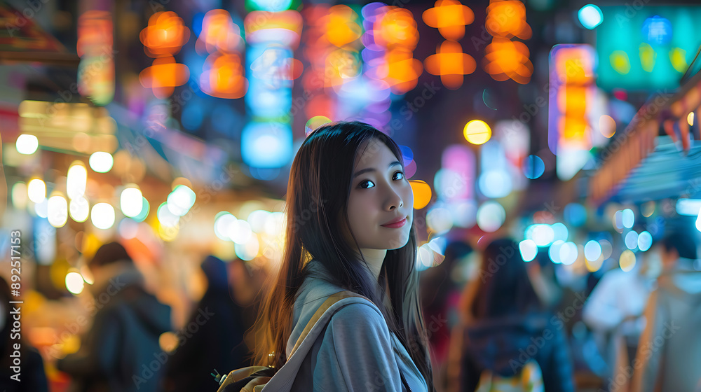 Young Woman Smiling at Night in Vibrant Cityscape Young Woman Smiling at Night in Vibrant Cityscape