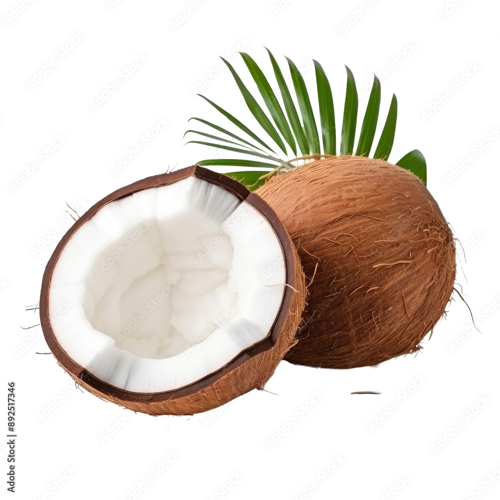 Isolated Coconut Fruit Halved with Green Palm Leaf Without Background Isolated Coconut Fruit Halved with Green Palm Leaf Without Background