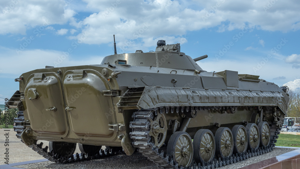 A Russian tracked infantry fighting vehicle for transporting personnel. A Soviet armored combat vehicle for transporting riflemen and fire support. The landing squad is in a combat vehicle. A Russian tracked infantry fighting vehicle for transporting personnel. A Soviet armored combat vehicle for transporting riflemen and fire support. The landing squad is in a combat vehicle.