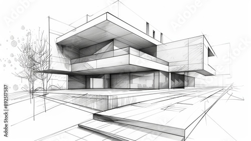 Construction housing project, real estate concept. Residential building blueprint plans. Pencil scetch © PaulShlykov
