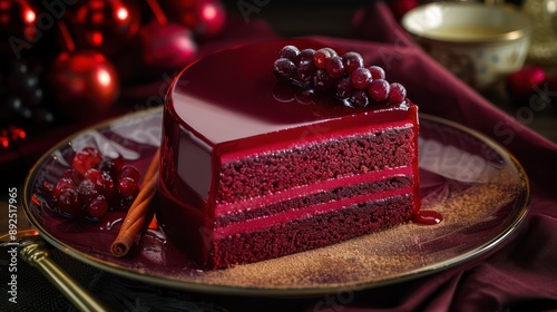 luxurious red wine cake with a hint of spice on a deep claret background, rich and perfect for elegant text
