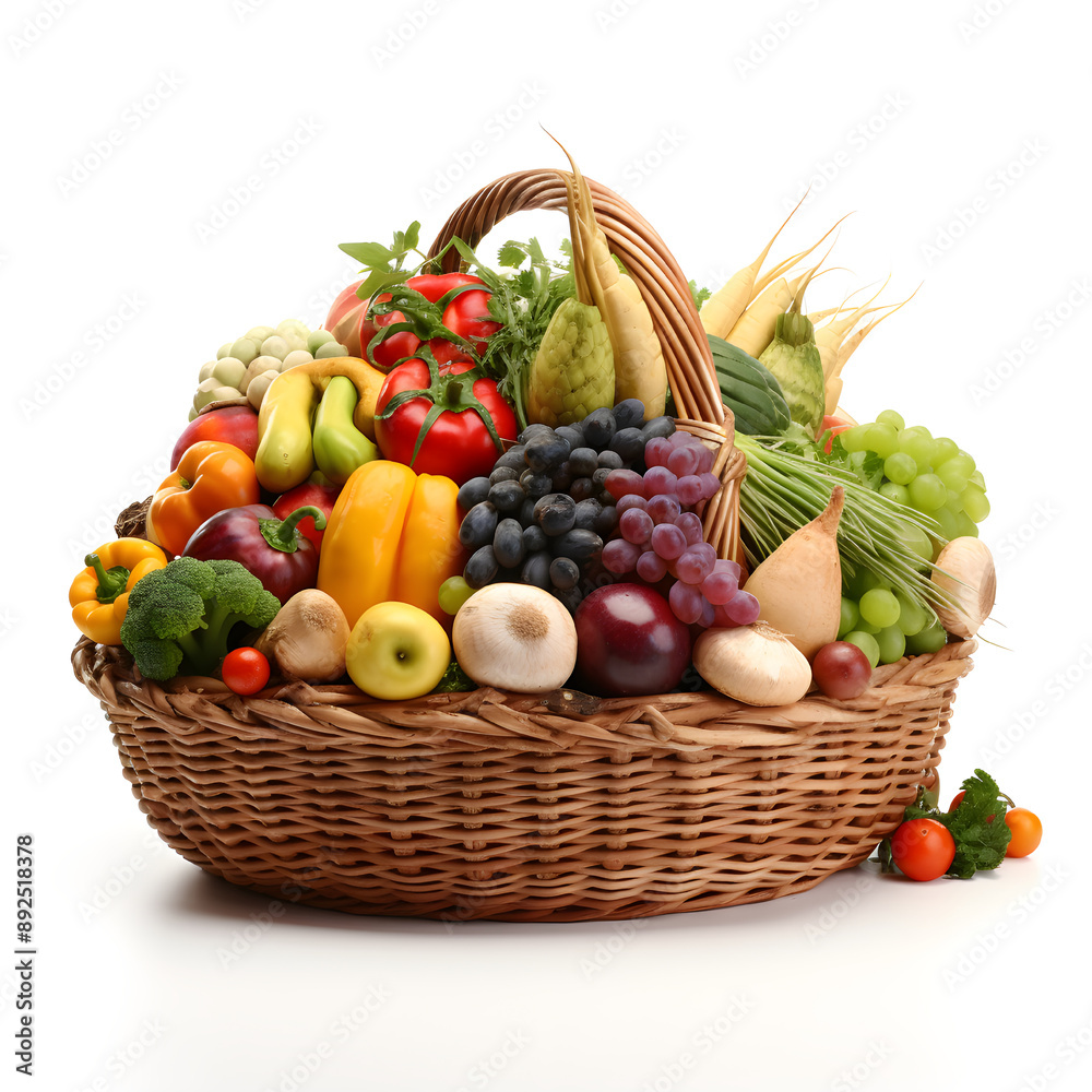 Wicker basket with fresh vegetables and fruits, autumn harvest on white background. Design concept for advertising healthy food, eco-friendly products and supermarkets Wicker basket with fresh vegetables and fruits, autumn harvest on white background. Design concept for advertising healthy food, eco-friendly products and supermarkets