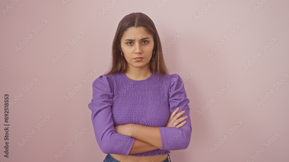 Obraz premium A serious young hispanic woman with folded arms wearing a purple sweater against a pink wall.