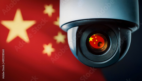 Surveillance camera as a symbol of control, surveillance, security. Flag of China.