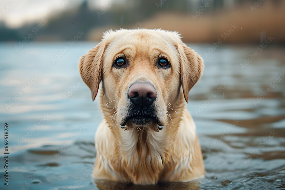Sad Golden Labrador Retriever Standing in Water Sad Golden Labrador Retriever Standing in Water