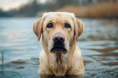  Sad Golden Labrador Retriever Standing in Water