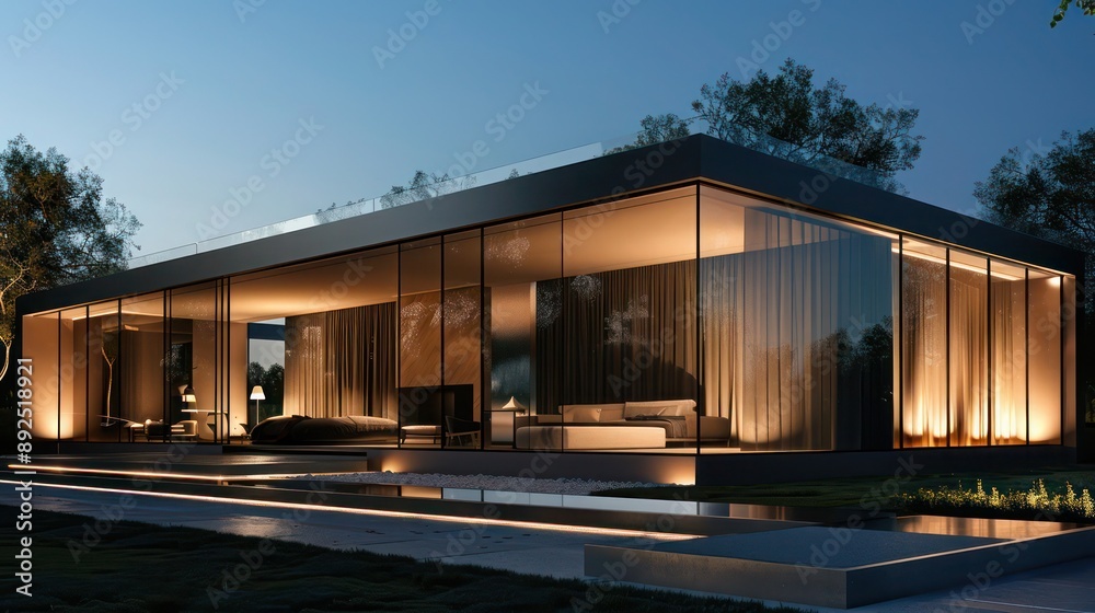 Sleek and modern suburban home with an all-glass front and subtle lighting, emphasizing clean lines Include copy space for text Sleek and modern suburban home with an all-glass front and subtle lighting, emphasizing clean lines Include copy space for text
