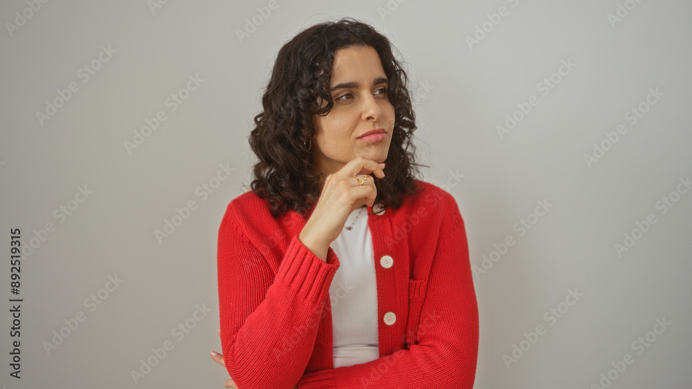 A beautiful young brunette woman in a red sweater is posing with a thoughtful expression against a white isolated wall background. A beautiful young brunette woman in a red sweater is posing with a thoughtful expression against a white isolated wall background.