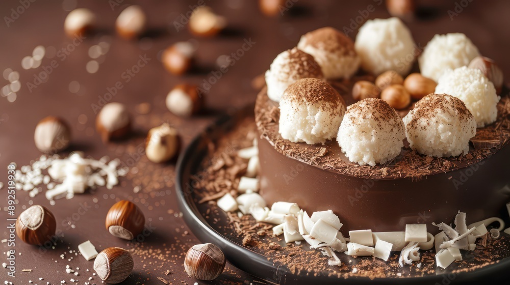 luxurious white truffle and hazelnut cake on a rich chocolate brown background, sophisticated for gourmet text luxurious white truffle and hazelnut cake on a rich chocolate brown background, sophisticated for gourmet text