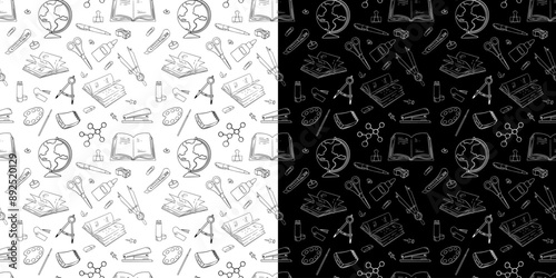 Seamless pattern with hand drawn school, doodles and back to school. Vector illustration.