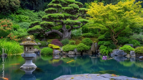 Tranquil Japanese Garden with Stone Lantern and Pond
