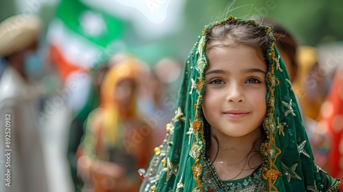 a young girl wearing a green dress celebrating pakistan independence Day 14th august photo