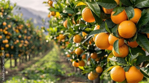 Rows of orange trees full of ripe oranges in an orchard, representing the freshness of the harvest season.