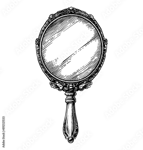 antique hand mirror engraving black and white outline