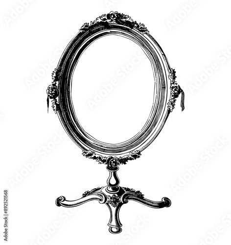 antique hand mirror engraving black and white outline