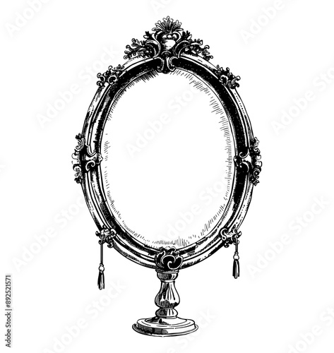 antique hand mirror engraving black and white outline