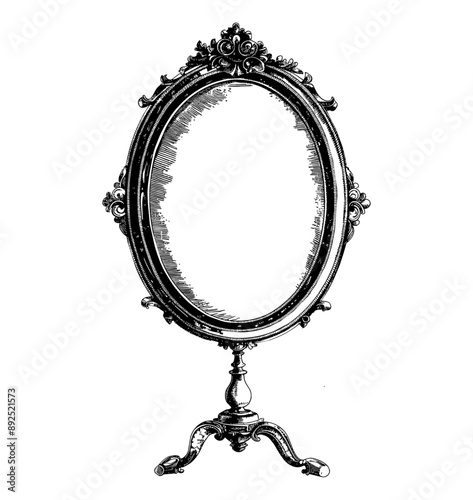 antique hand mirror engraving black and white outline