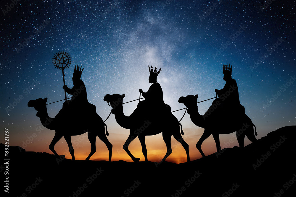 Silhouette of the three wise men traveling on camels to Bethlehem for the birth of baby Jesus Silhouette of the three wise men traveling on camels to Bethlehem for the birth of baby Jesus