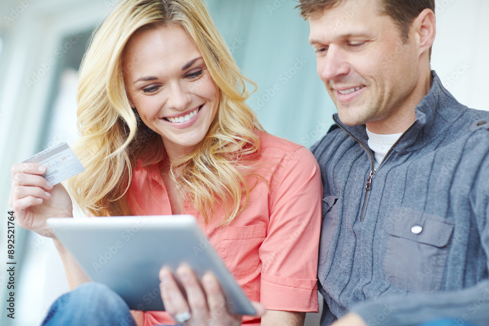 Home, smile and couple with credit card by tablet for online banking, information and planning of travel. Woman, man and relax with fintech on patio for booking payment, transaction and confirmation Home, smile and couple with credit card by tablet for online banking, information and planning of travel. Woman, man and relax with fintech on patio for booking payment, transaction and confirmation