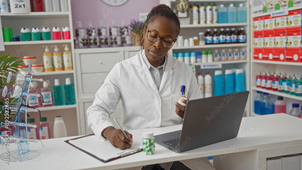 Female pharmacist taking notes in a pharmacy while holding medication, surrounded by various medical products and working on a laptop Female pharmacist taking notes in a pharmacy while holding medication, surrounded by various medical products and working on a laptop