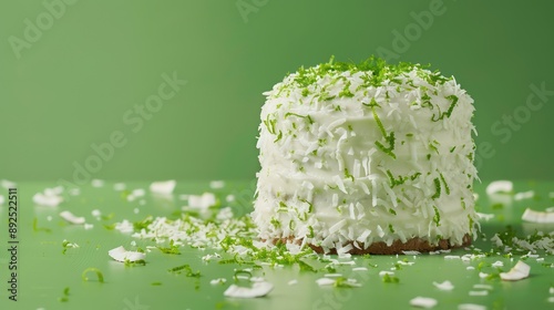 modern coconut and lime cake with lime zest on a vibrant kelly green background, zesty and perfect for fresh text photo