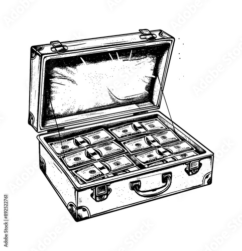 cash suitcase engraving black and white outline