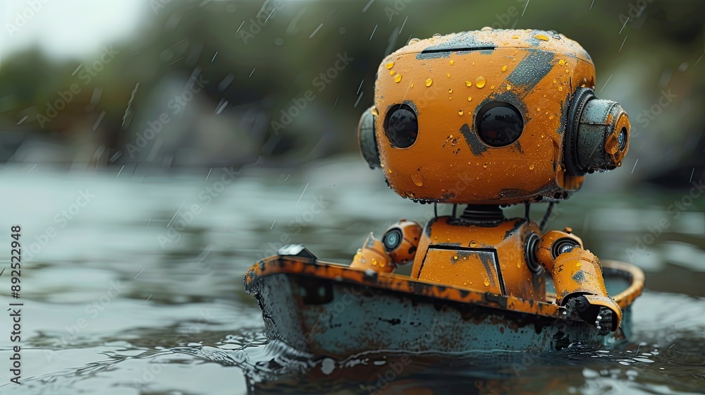 summer minimal concept with a toy robot in a boat summer minimal concept with a toy robot in a boat