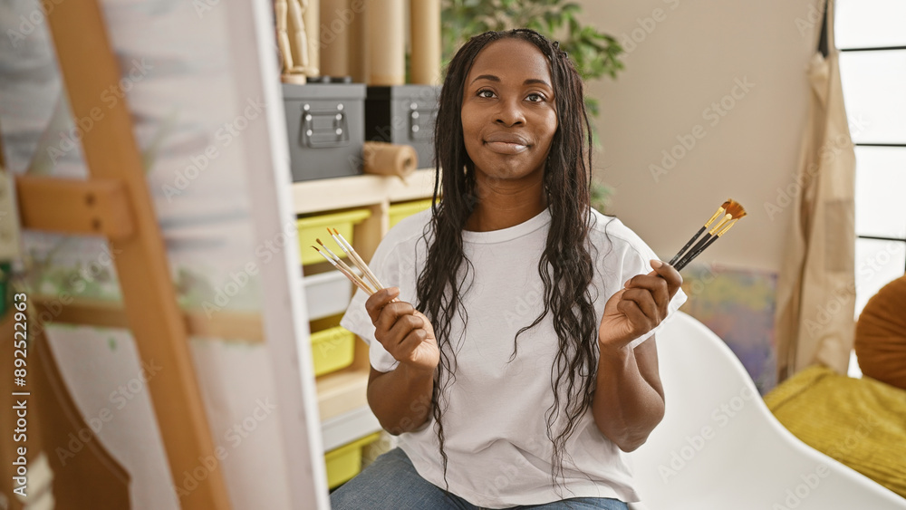 African american woman artist holding paintbrushes in a creative studio interior African american woman artist holding paintbrushes in a creative studio interior
