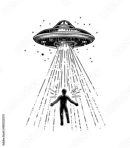 ufo kidnap human engraving black and white outline