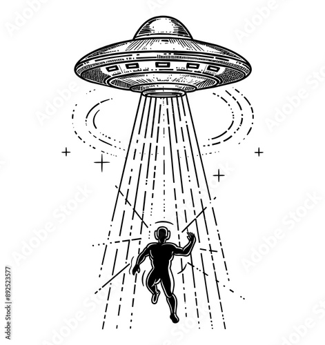 ufo kidnap human engraving black and white outline