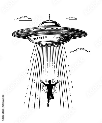 ufo kidnap human engraving black and white outline