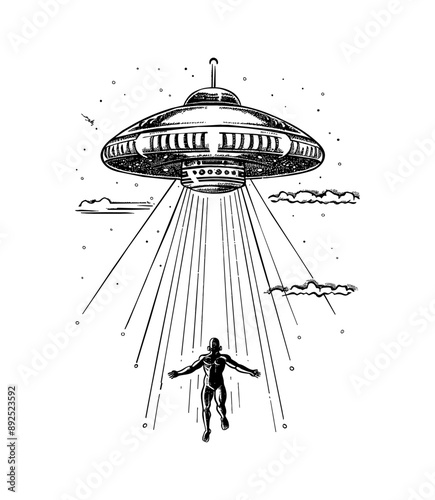 ufo kidnap human engraving black and white outline