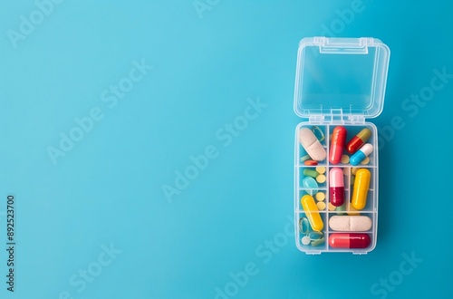 Colorful Pills and Capsules on a Light Blue Background, a Top View of Medicine Tablets with a Plastic Box 