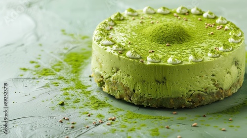 modern matcha green tea cake with a dusting of matcha on a soft green background, chic and ideal for health-focused text