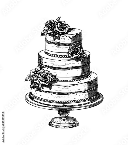 wedding cake engraving black and white outline