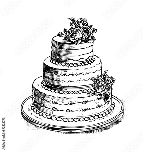 wedding cake engraving black and white outline