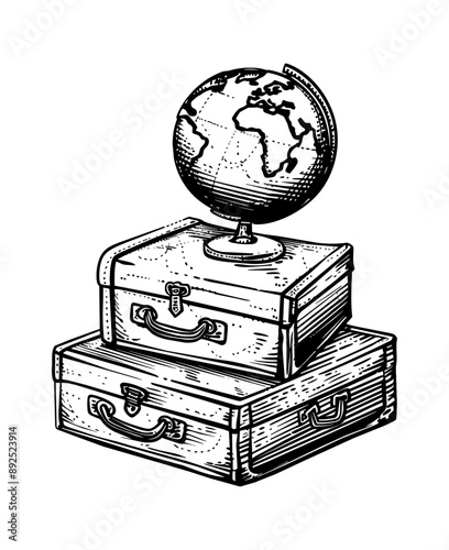 earth globe suitcase engraving black and white outline