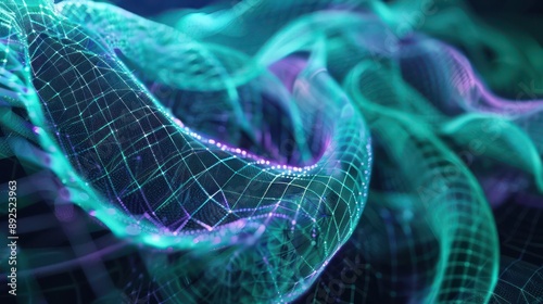 Holographic teal and purple mesh, swirling in an abstract pattern on a dark canvas, suitable for text