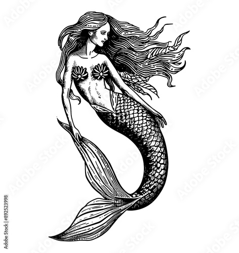 mermaid engraving black and white outline