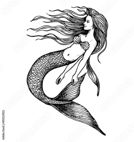 mermaid engraving black and white outline