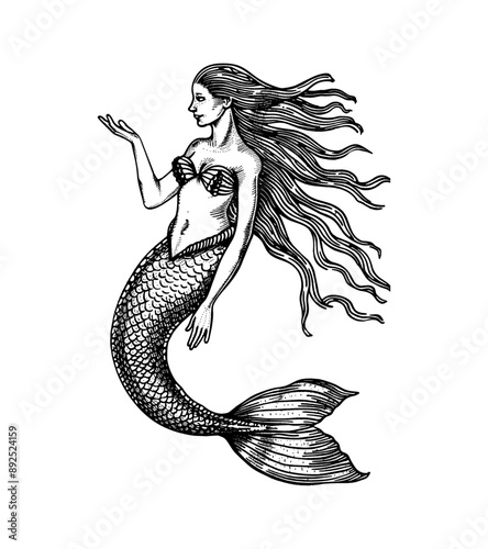 mermaid engraving black and white outline