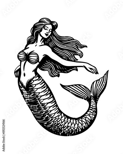 mermaid engraving black and white outline