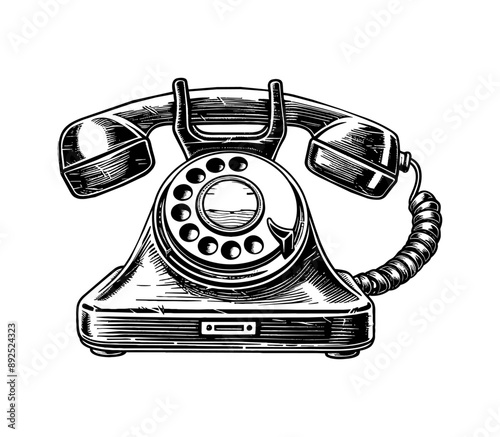 retro telephone engraving black and white outline