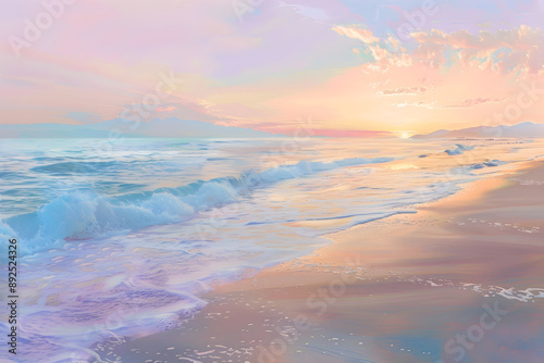 Sunset Serenity: A Peaceful Beachfront Harmony of Pastel Hues and Reflective Waters © Eva