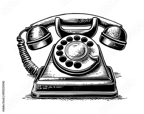retro telephone engraving black and white outline