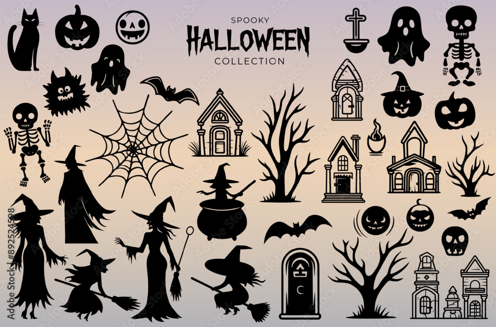 Big halloween set. Monochrome halloween concept. Halloween silhouettes. Black witch, pumpkin, bat, ghost, skeleton, castle. Big halloween set. Monochrome halloween concept. Halloween silhouettes. Black witch, pumpkin, bat, ghost, skeleton, castle.